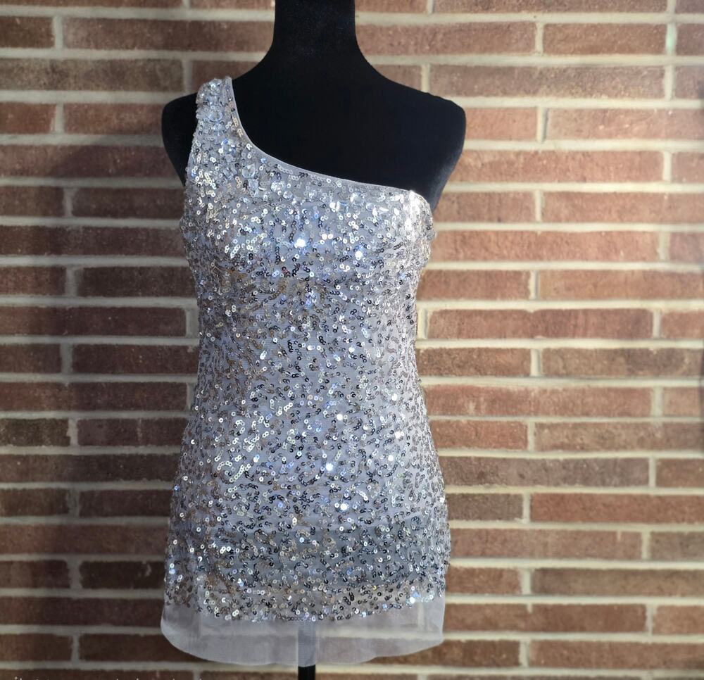 Body Central Y2K Silver Sequin One-Shoulder Mini Dress Tunic Size L